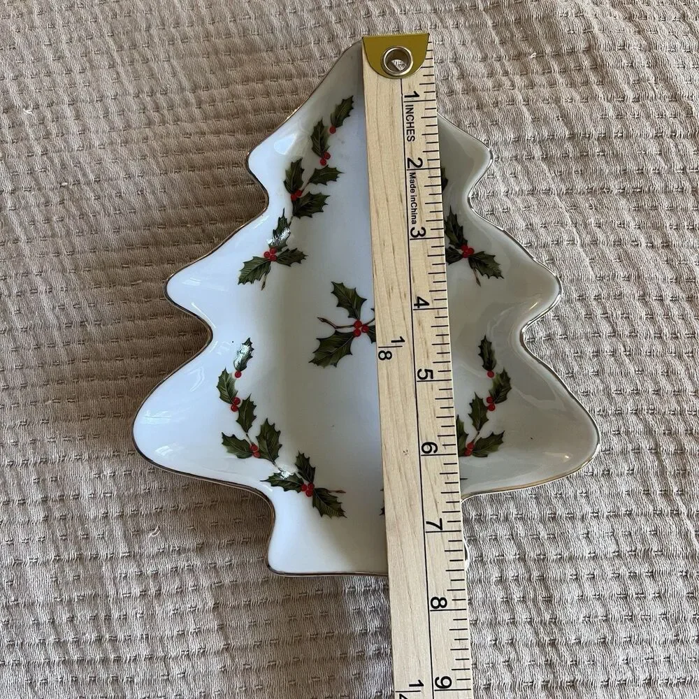 Vintage Geo Lefton White Christmas Tree Holly Berry Candy Dish Decorative 1980's